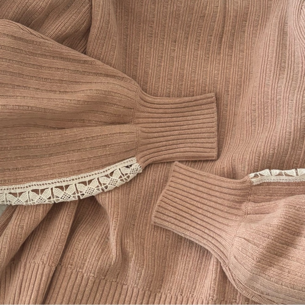 See by Chloe Wool Blend Knit Lace Sleeve Crewneck Sweater Cameo Rose Size M $325 - Picture 7 of 14